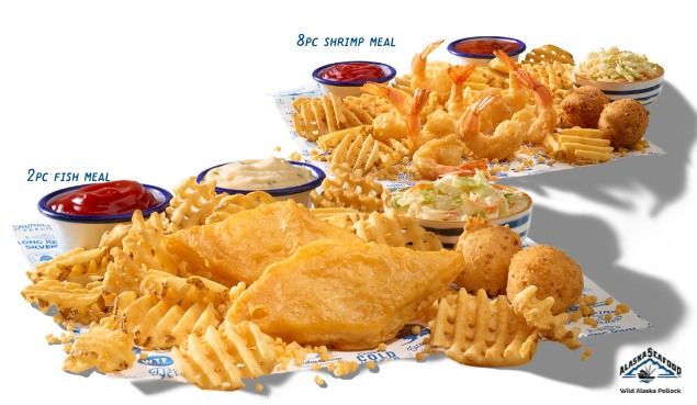Plates of fried fish and shrimp meals with waffle fries, hushpuppies, dipping sauces, and coleslaw, labeled as 2-piece fish and 8-piece shrimp meals.