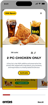 Food offer on a smartphone screen showing a meal of two pieces of fried chicken, fries, and a drink, with an "Activate" button below.