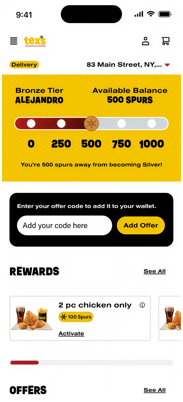 Restaurant app screen showing Bronze tier, 500 Spurs balance, reward options, and a two-piece chicken offer for 100 Spurs.