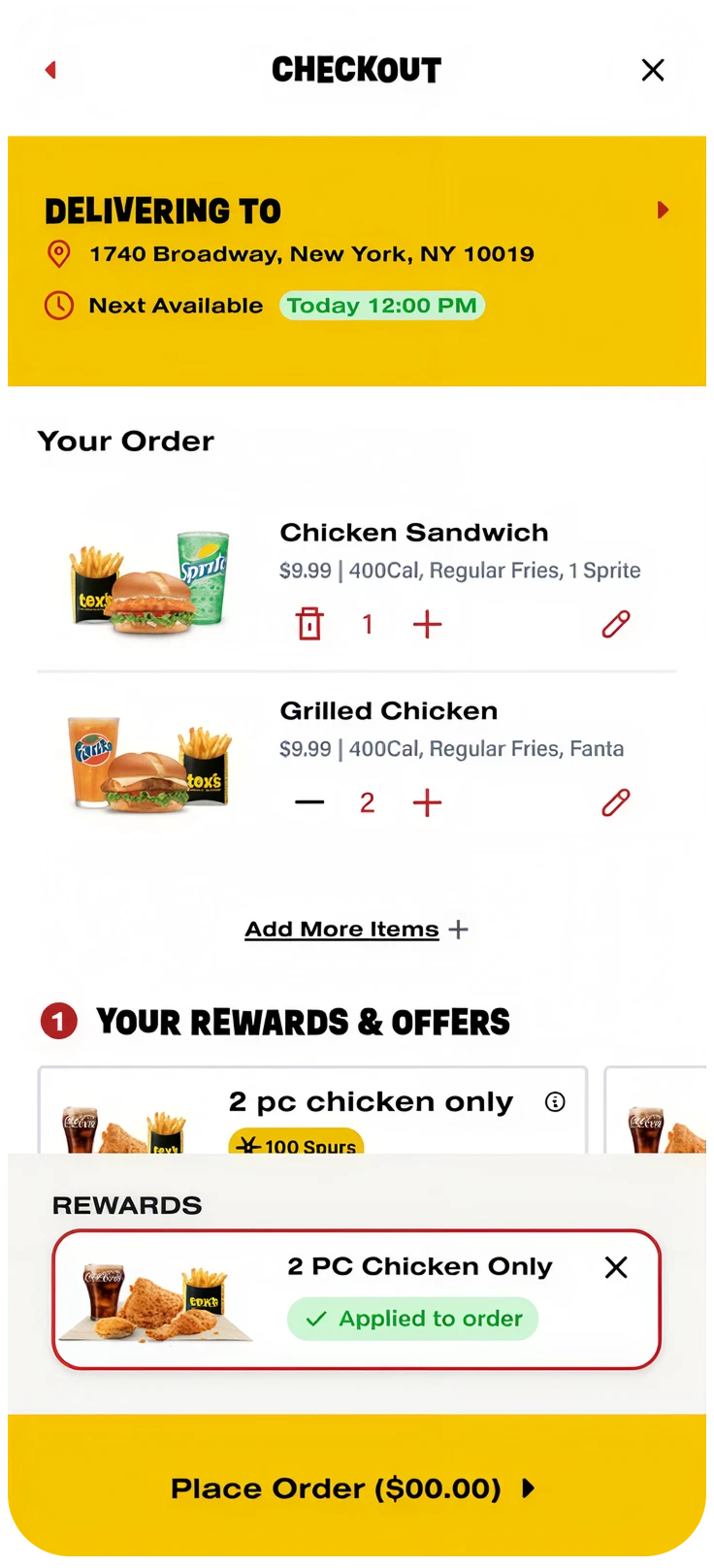 Checkout screen showing a food order for delivery, including a chicken sandwich, grilled chicken, fries, drinks, and a 2 PC chicken reward applied.